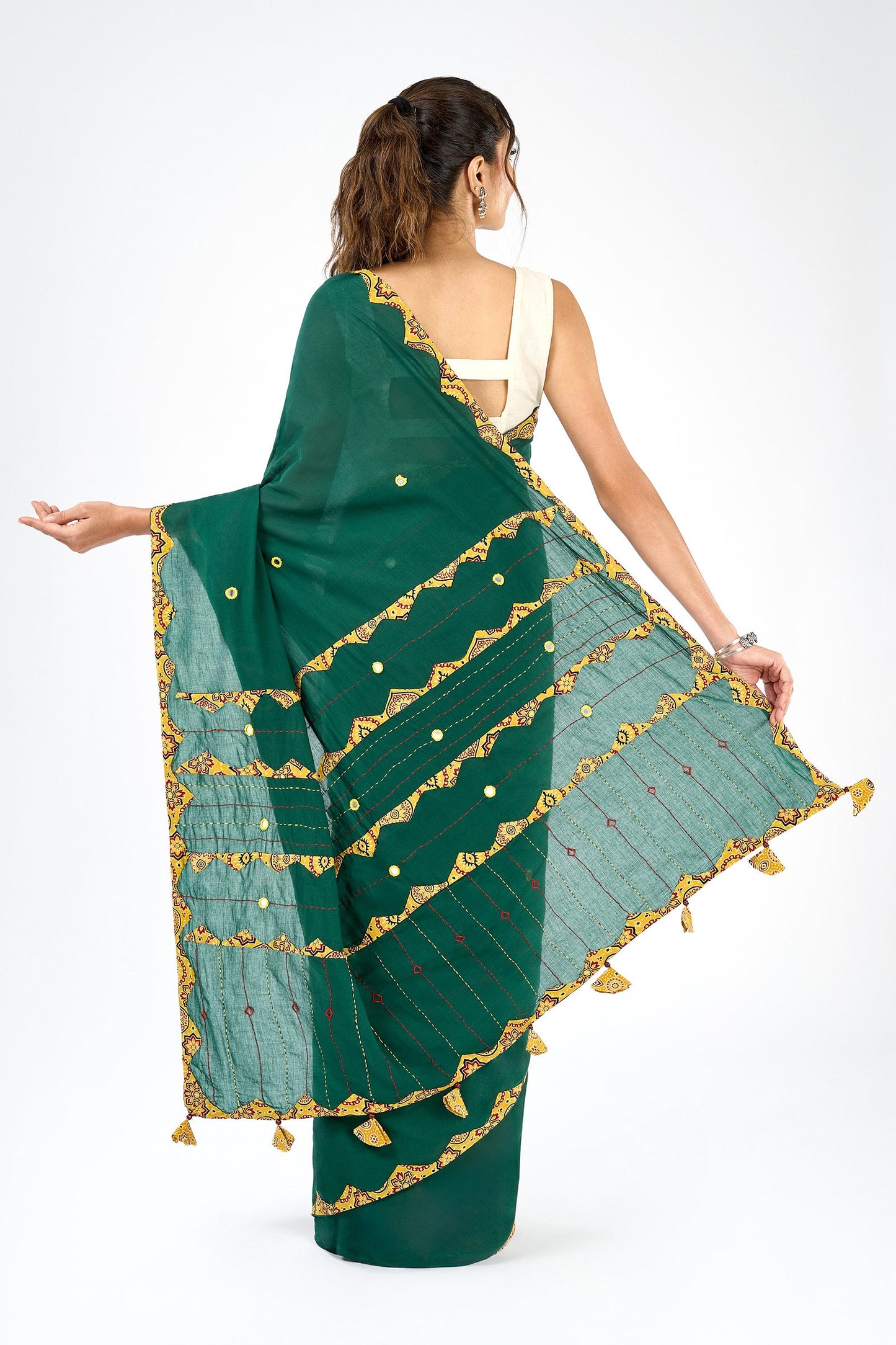 Haruniya Deep Green & Yellow Applique & Mirror Work Saree