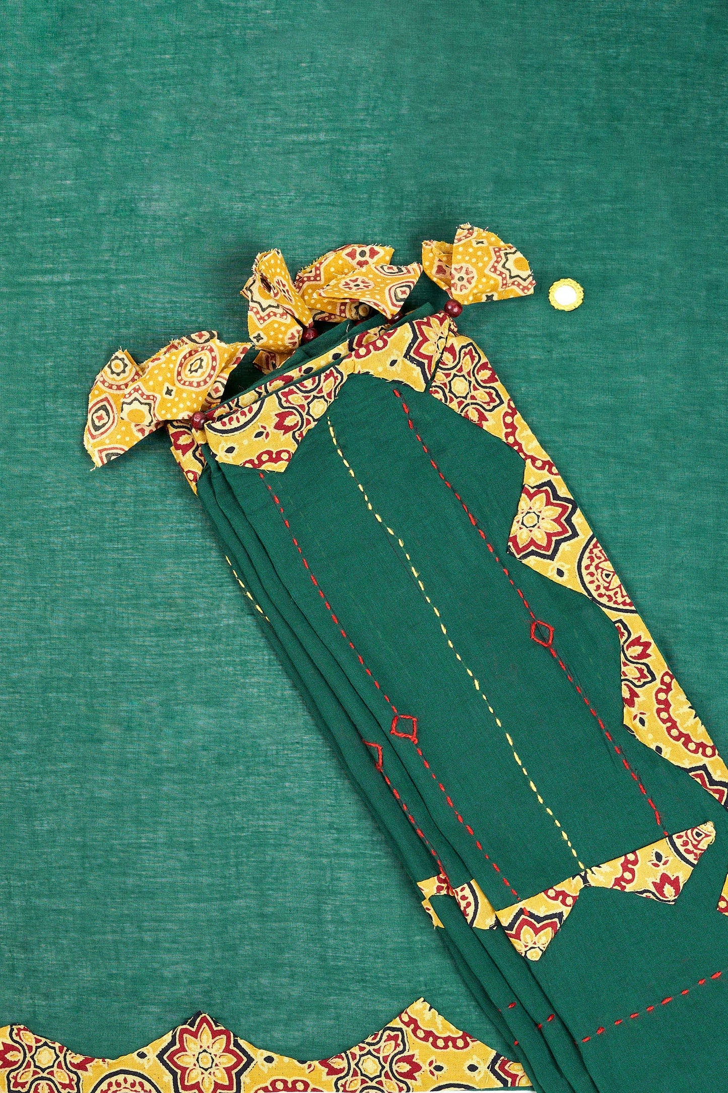 Haruniya Deep Green & Yellow Applique & Mirror Work Saree