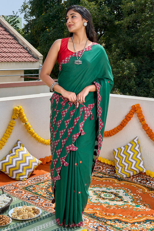 Chayana Deep Green & Red Applique & Mirror Work Saree