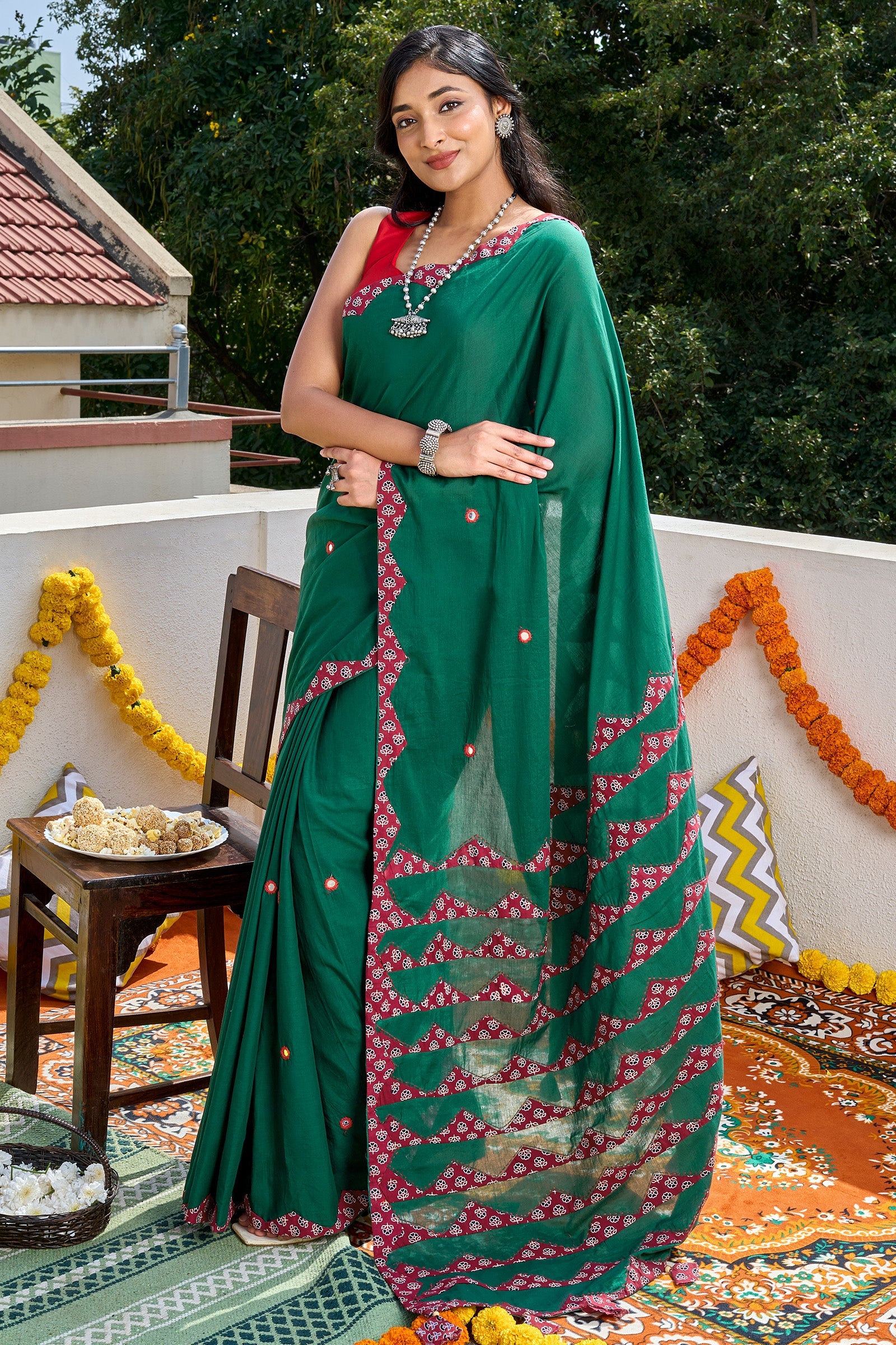 Chayana Deep Green & Red Applique & Mirror Work Saree