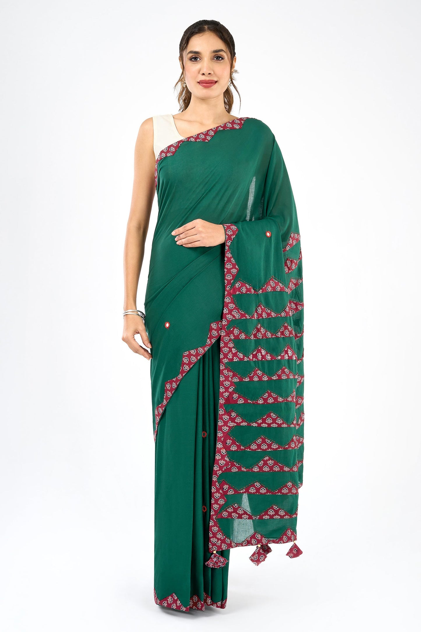 Chayana Deep Green & Red Applique & Mirror Work Saree
