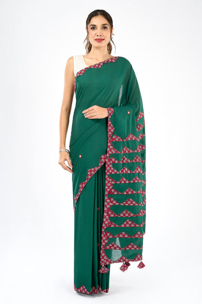 Chayana Deep Green & Red Applique & Mirror Work Saree