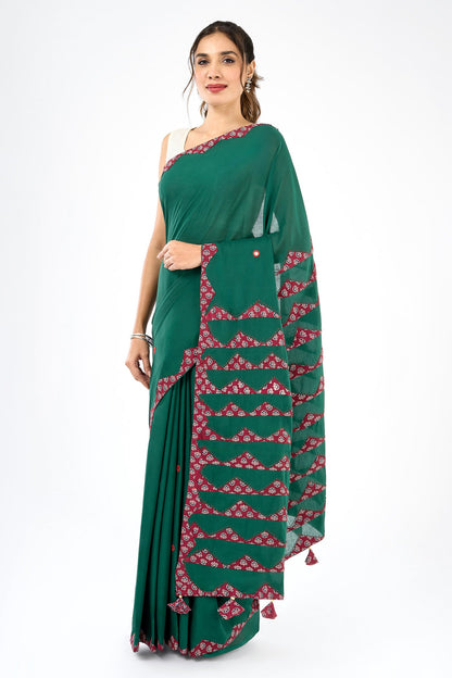 Chayana Deep Green & Red Applique & Mirror Work Saree
