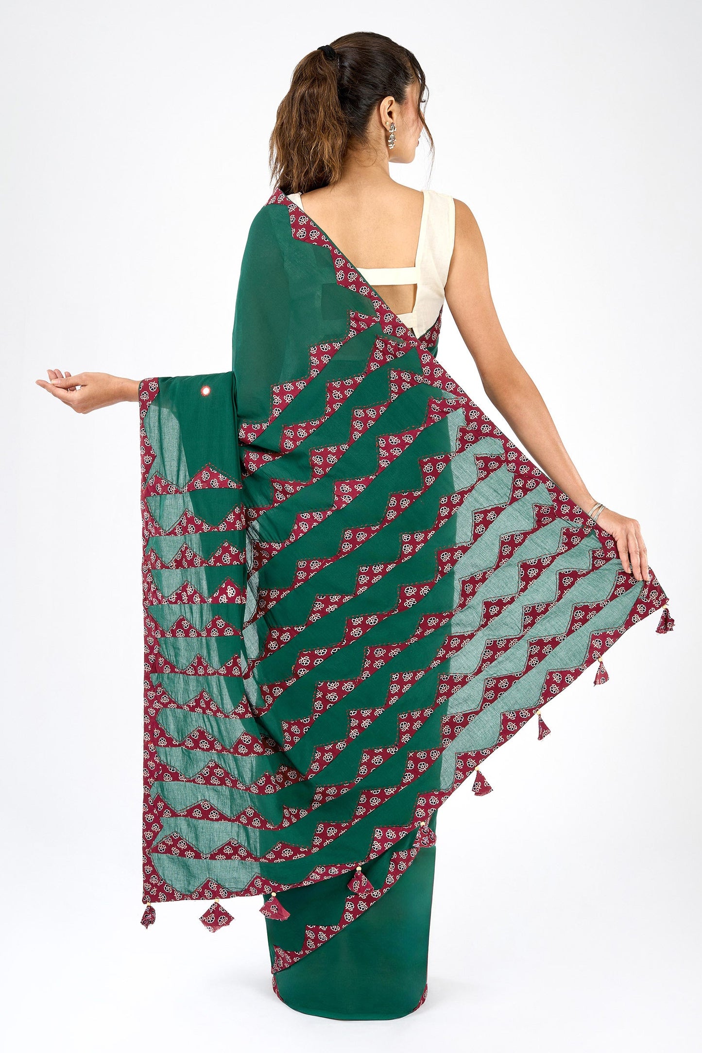 Chayana Deep Green & Red Applique & Mirror Work Saree