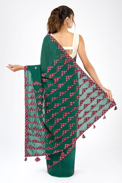 Chayana Deep Green & Red Applique & Mirror Work Saree