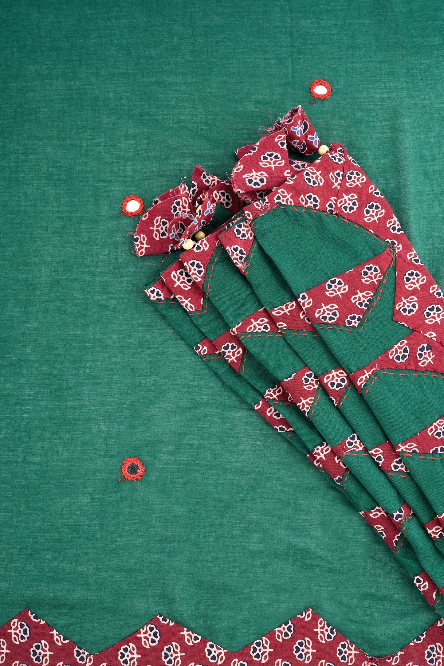 Chayana Deep Green & Red Applique & Mirror Work Saree