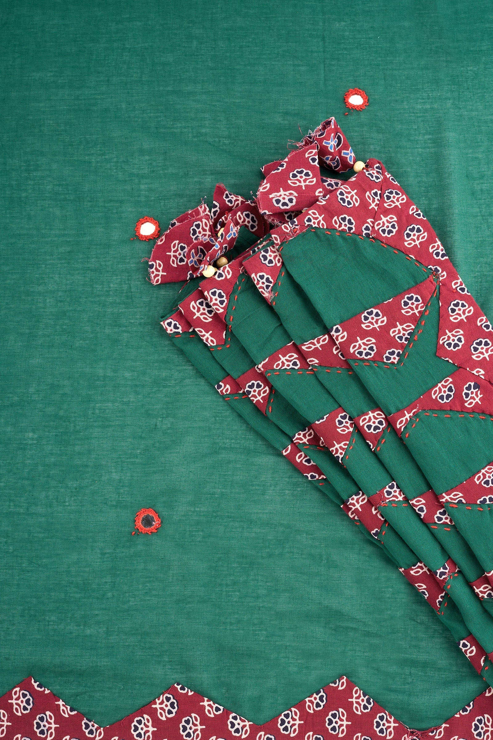 Chayana Deep Green & Red Applique & Mirror Work Saree