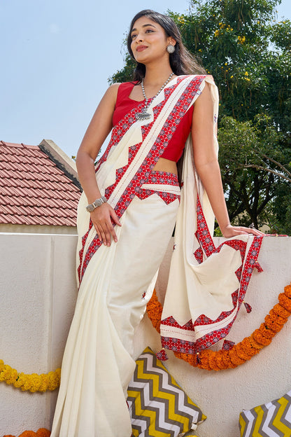 Somikaa Off White Applique & Mirror Work Saree