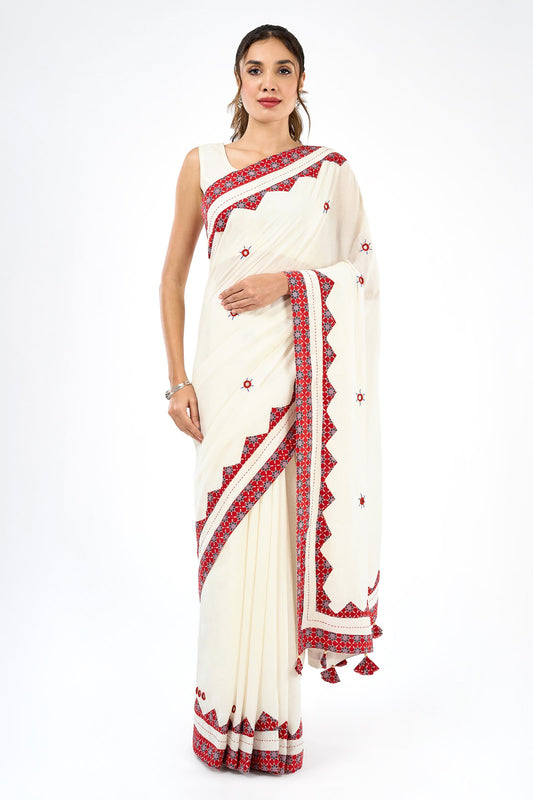 Somikaa Off White Applique & Mirror Work Saree