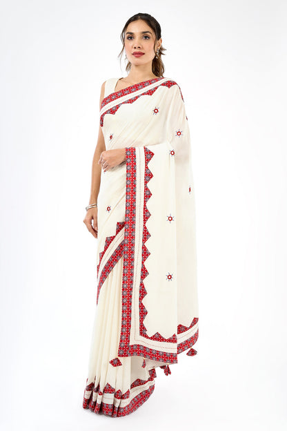 Somikaa Off White Applique & Mirror Work Saree