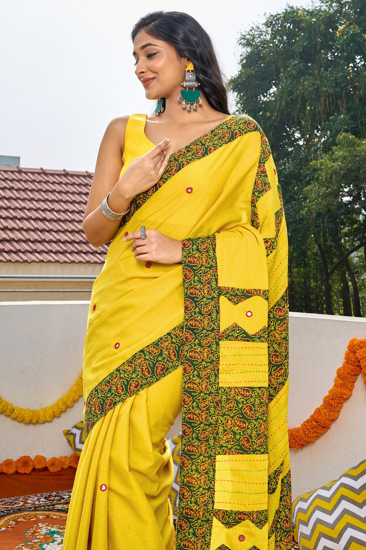 Bhagini mustard and olive green Applique & Mirror Work Saree