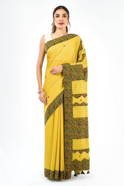 Bhagini mustard and olive green Applique & Mirror Work Saree
