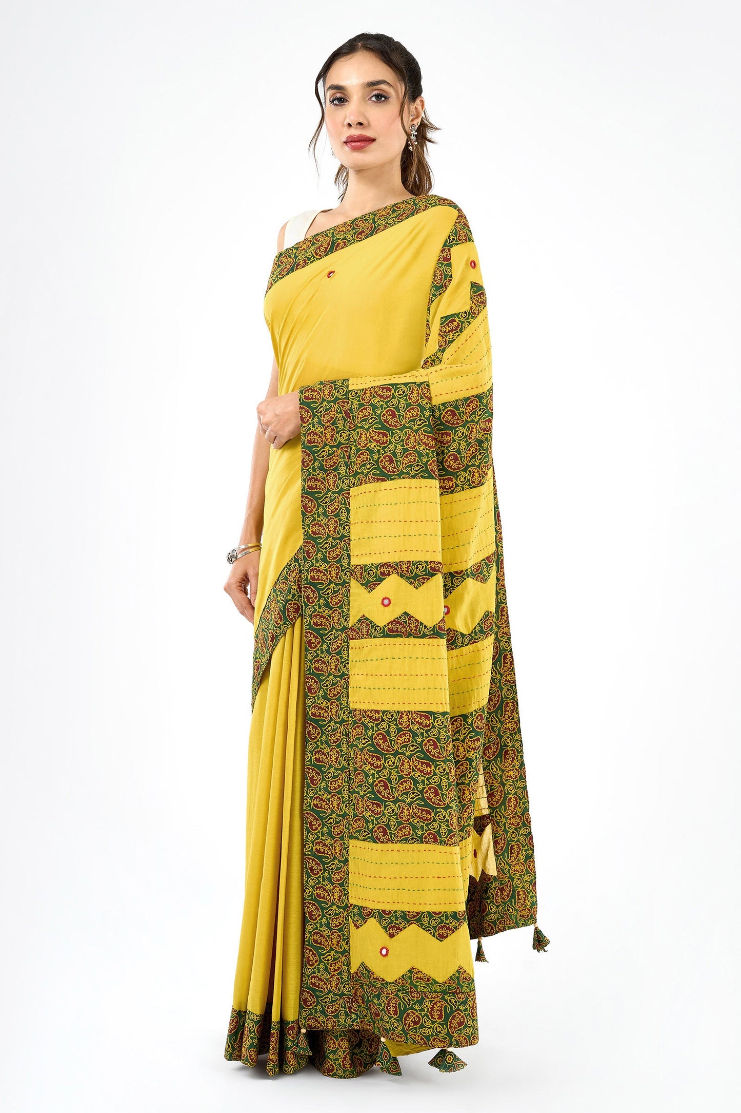 Bhagini mustard and olive green Applique & Mirror Work Saree