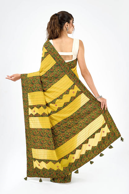 Bhagini mustard and olive green Applique & Mirror Work Saree