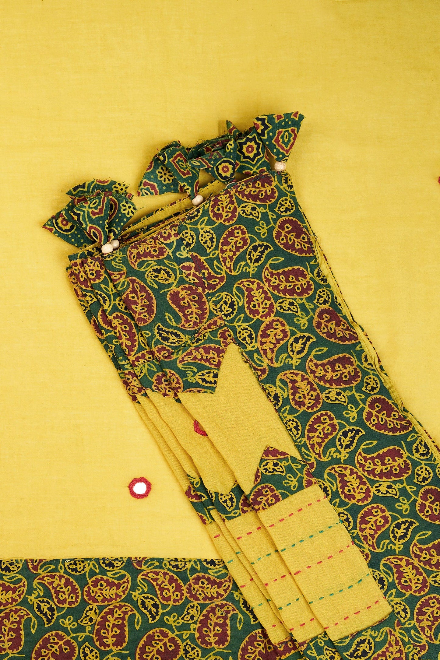 Bhagini mustard and olive green Applique & Mirror Work Saree