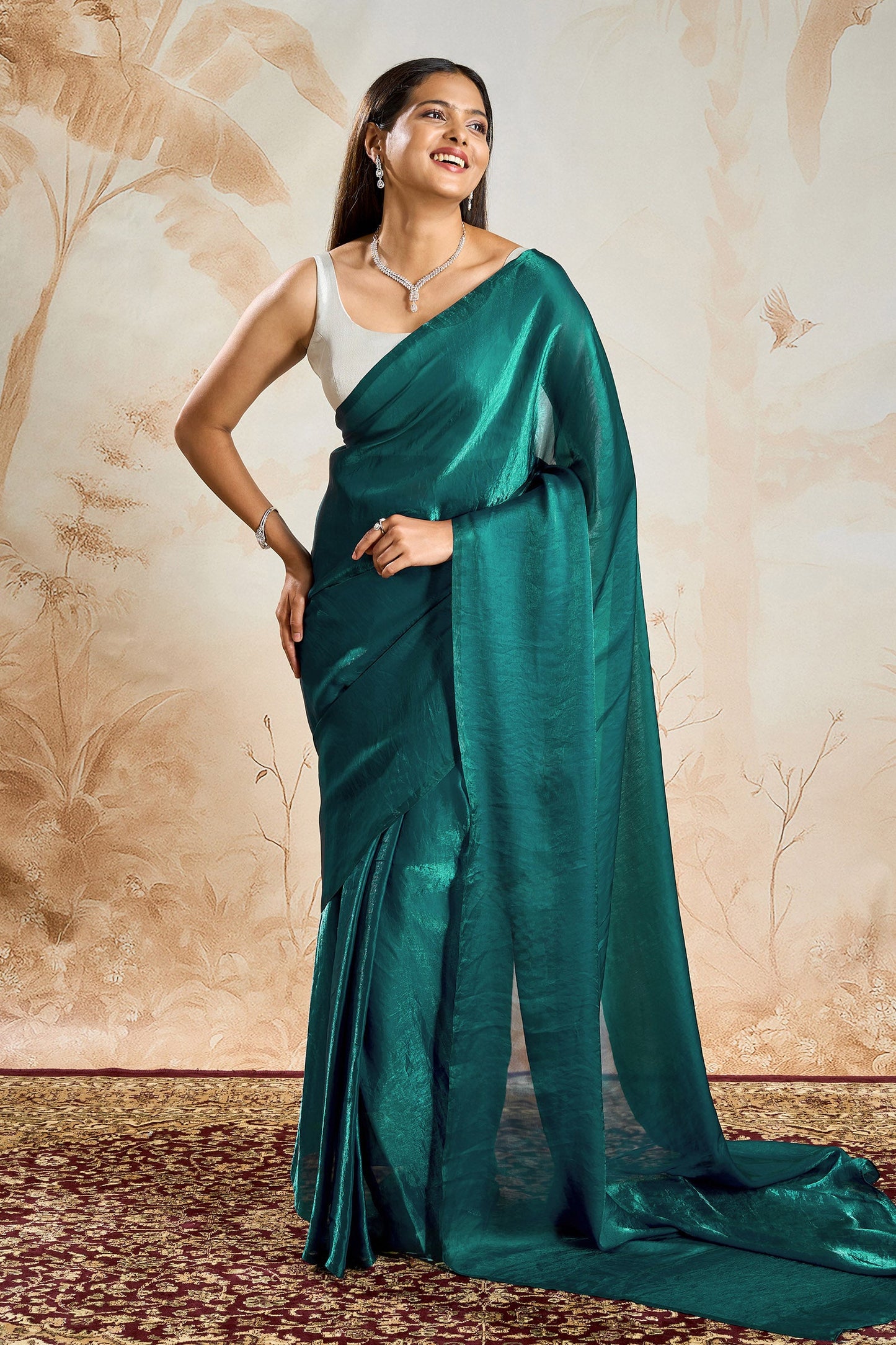 Nandira Teal Pre-Draped Saree