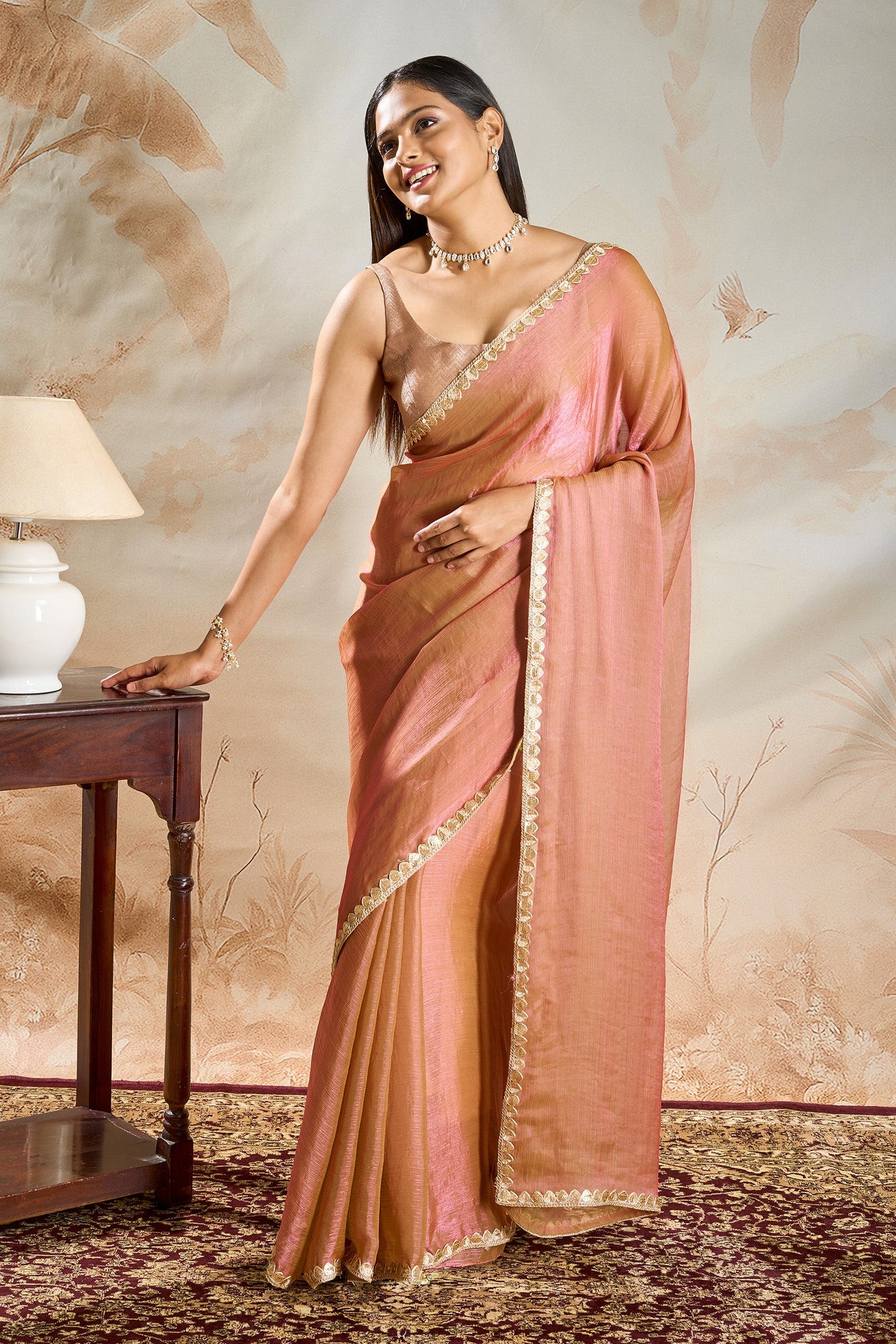 Sharvika Onion Pink Shimmer Chiffon Saree