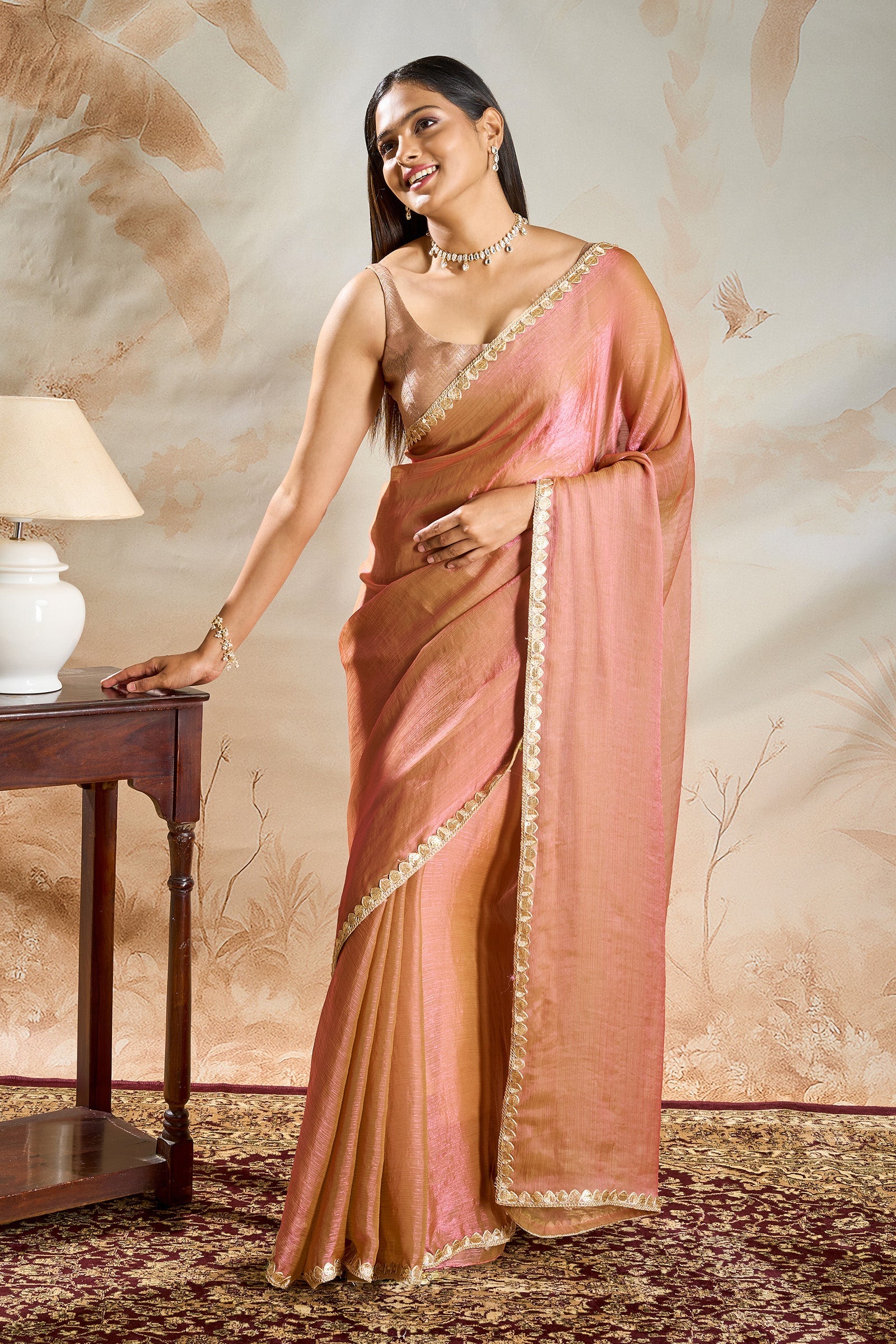 Sharvika Onion Pink Shimmer Chiffon Saree