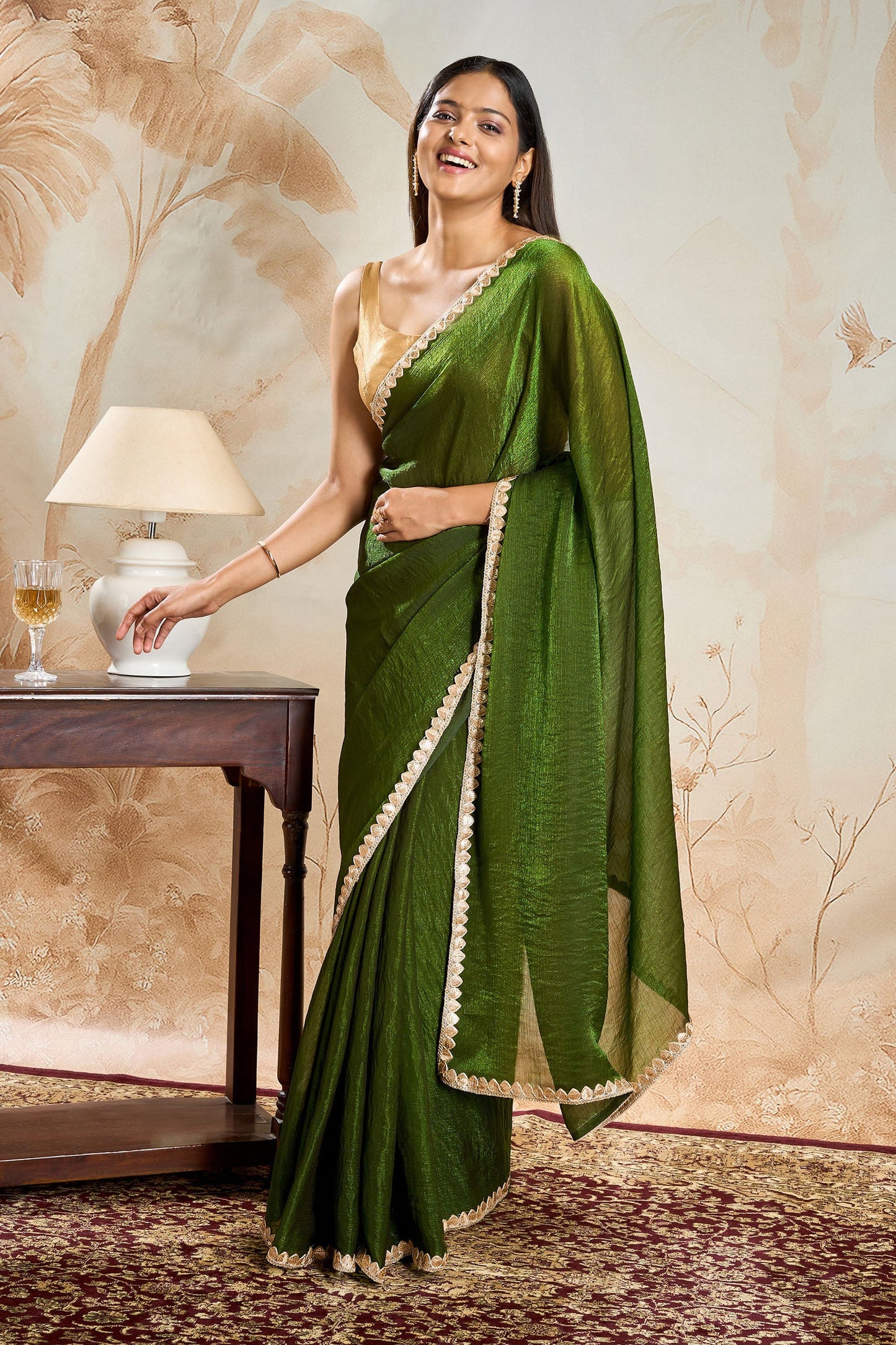 Rajnavi Olive Green Shimmer Chiffon Saree