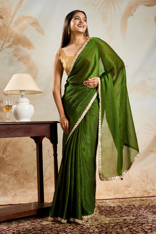 Rajnavi Olive Green Shimmer Chiffon Saree