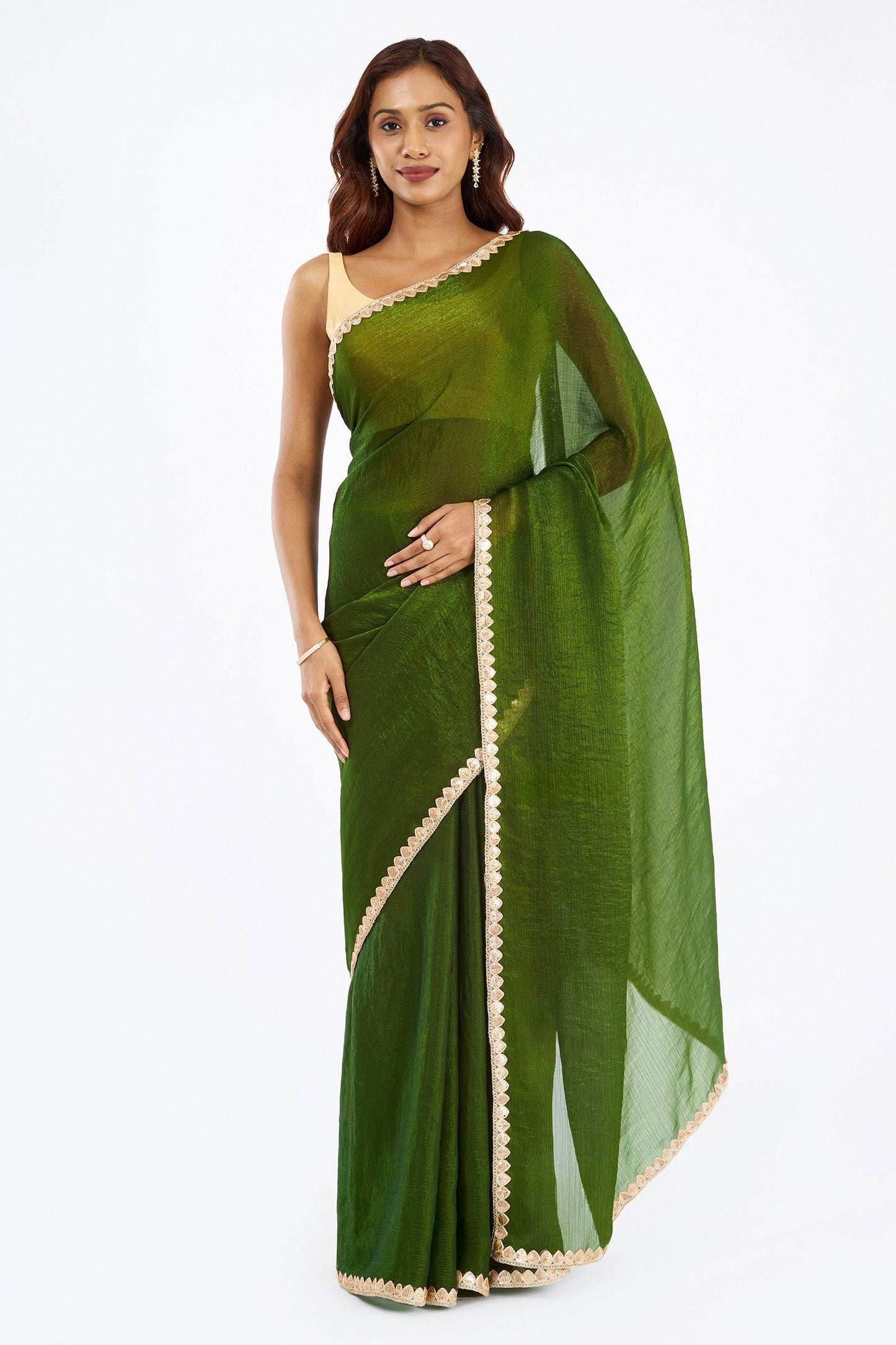 Rajnavi Olive Green Shimmer Chiffon Saree