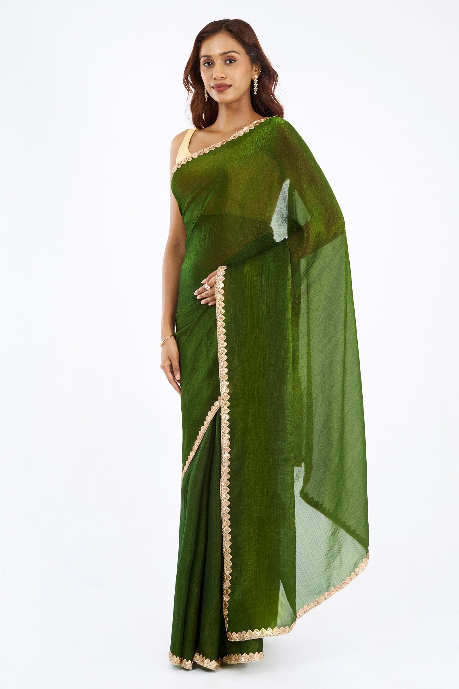 Rajnavi Olive Green Shimmer Chiffon Saree