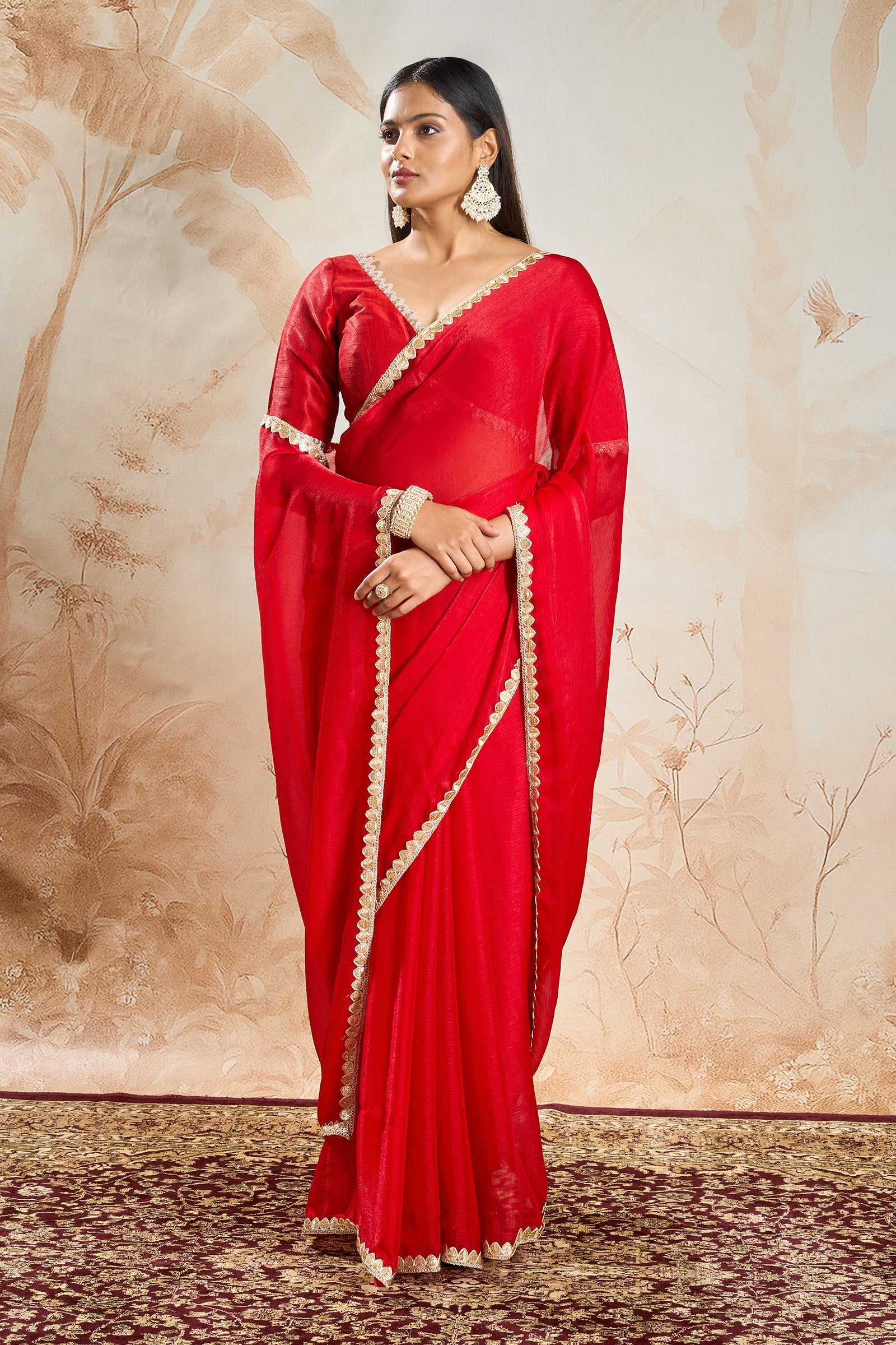 Tithira Red Shimmer Chiffon Saree