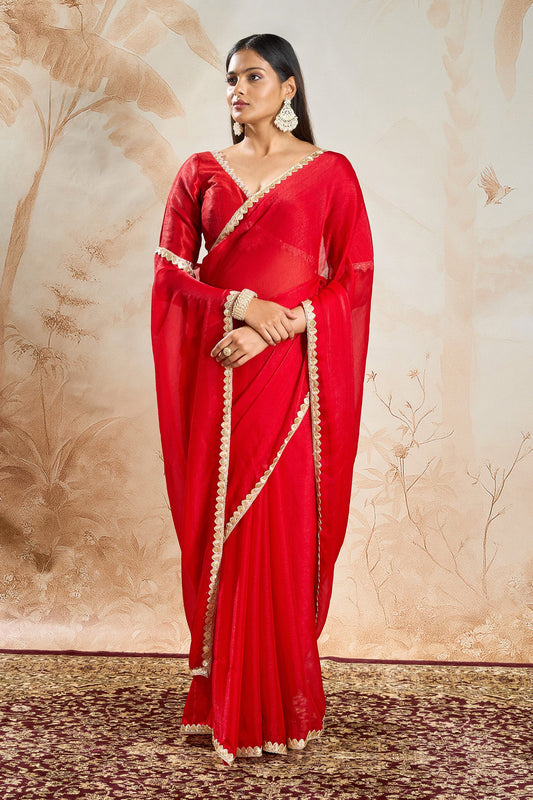 Tithira Red Shimmer Chiffon Saree