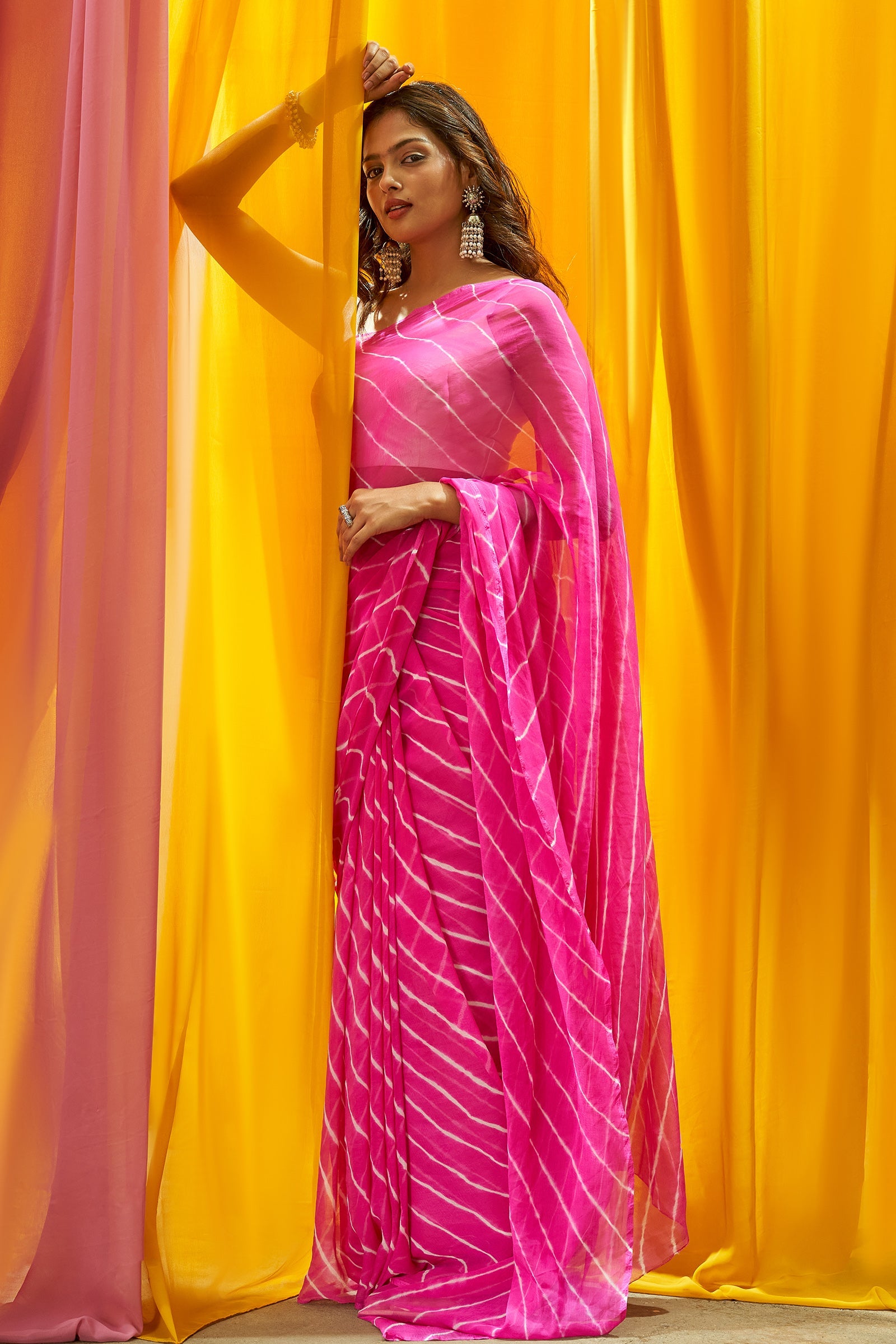 Teejh Pyaazi  Chiffon Onion Pink Leheriya Saree