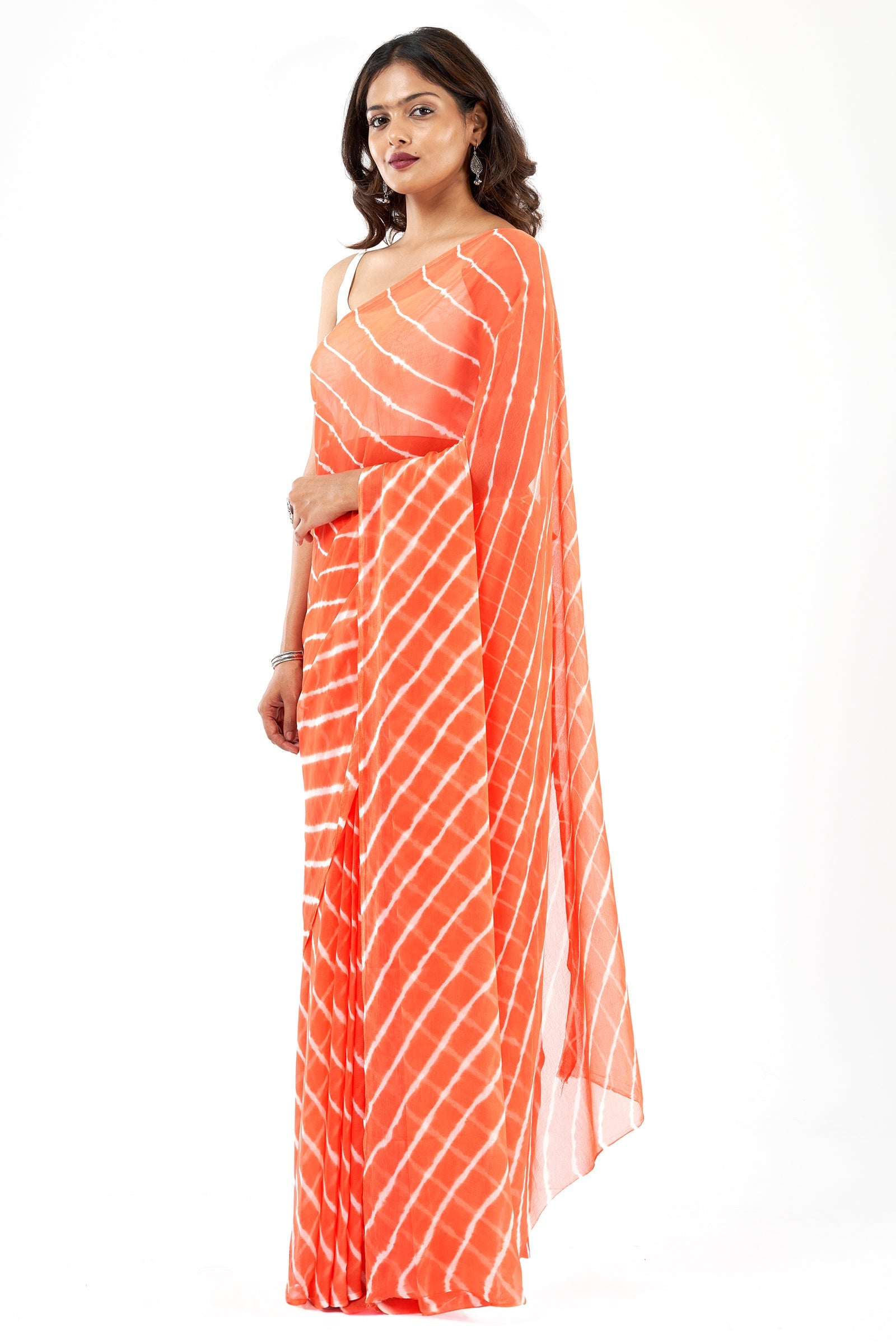 Teejh Pica Chiffon Peach Leheriya Saree