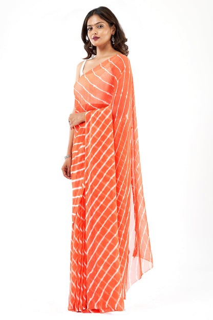 Teejh Pica Chiffon Peach Leheriya Saree