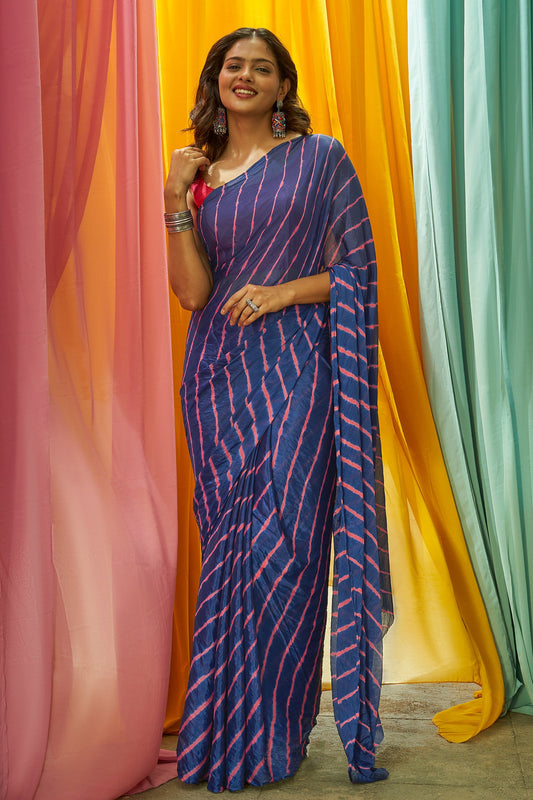 Teejh Tarangi Chinon Royal Blue and Pink Leheriya Saree