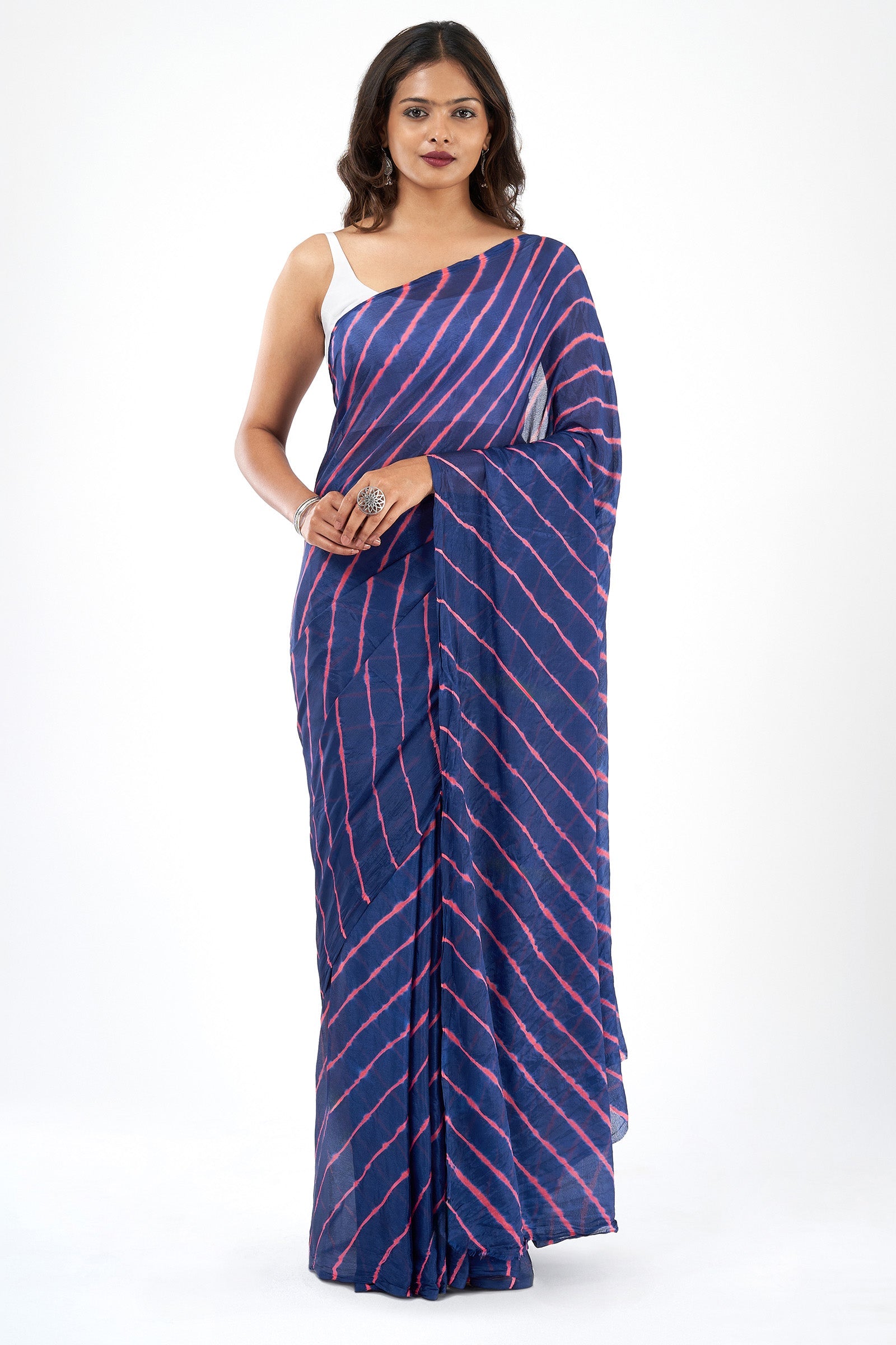 Teejh Tarangi Chinon Royal Blue and Pink Leheriya Saree