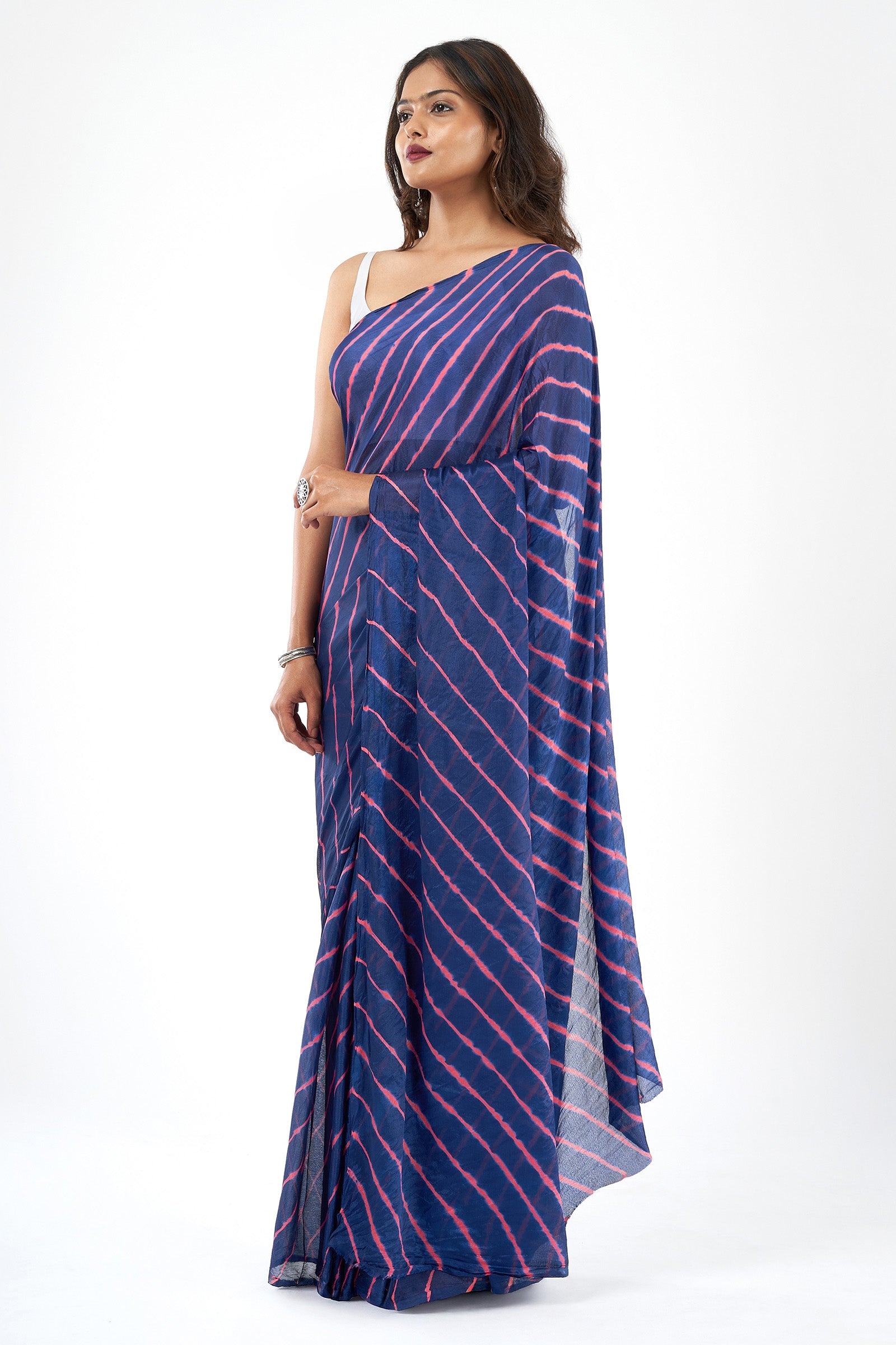 Teejh Tarangi Chinon Royal Blue and Pink Leheriya Saree