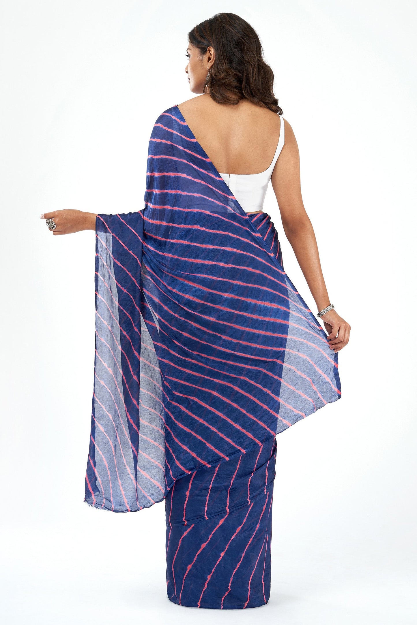 Teejh Tarangi Chinon Royal Blue and Pink Leheriya Saree