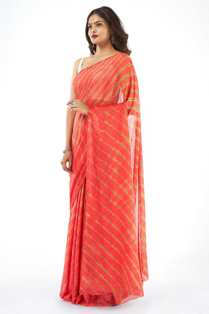 Teejh Zinksya Chinon onion Pink and Green Leheriya Saree