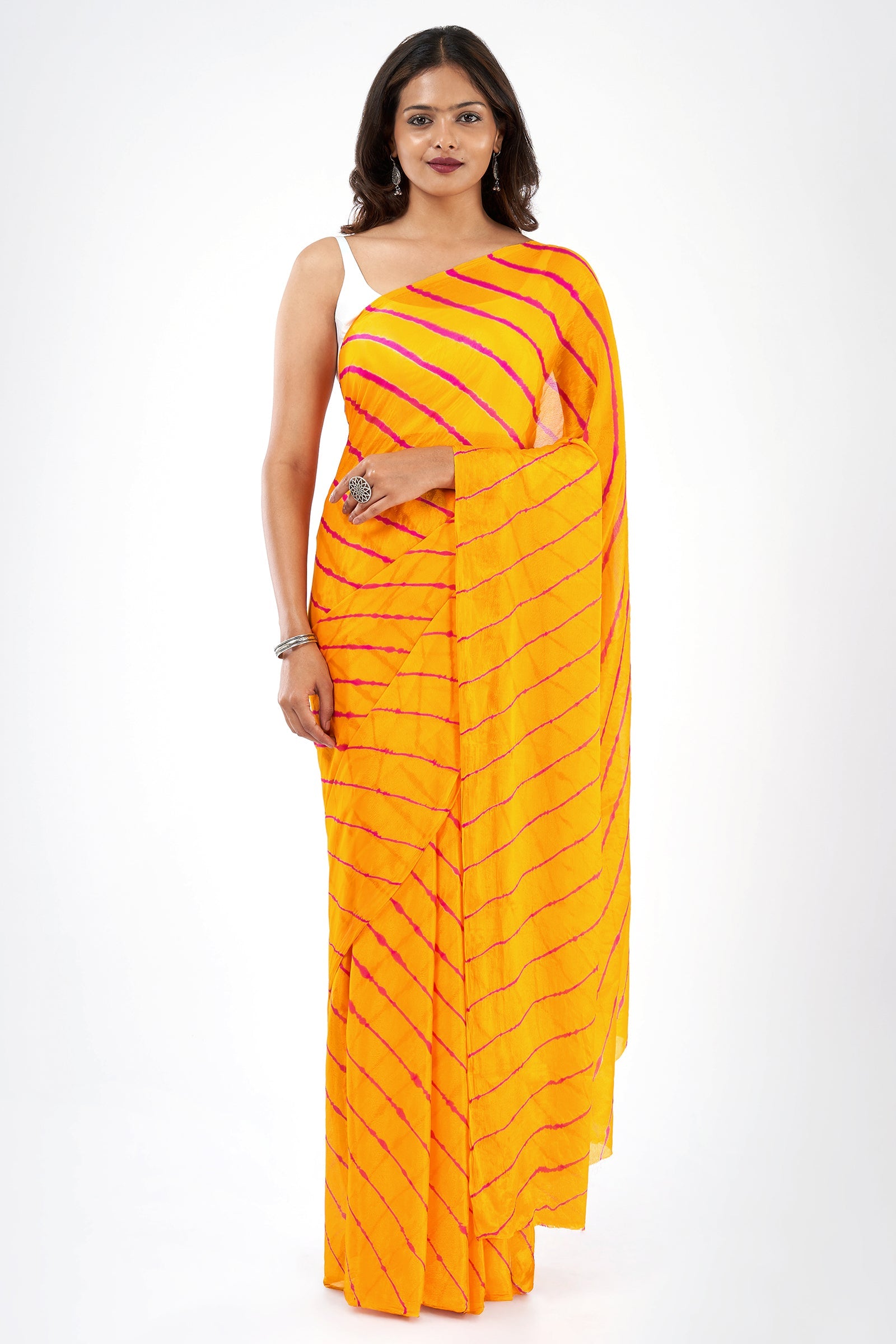 Teejh Guldasta Chinon Yellow and Pink Leheriya Saree
