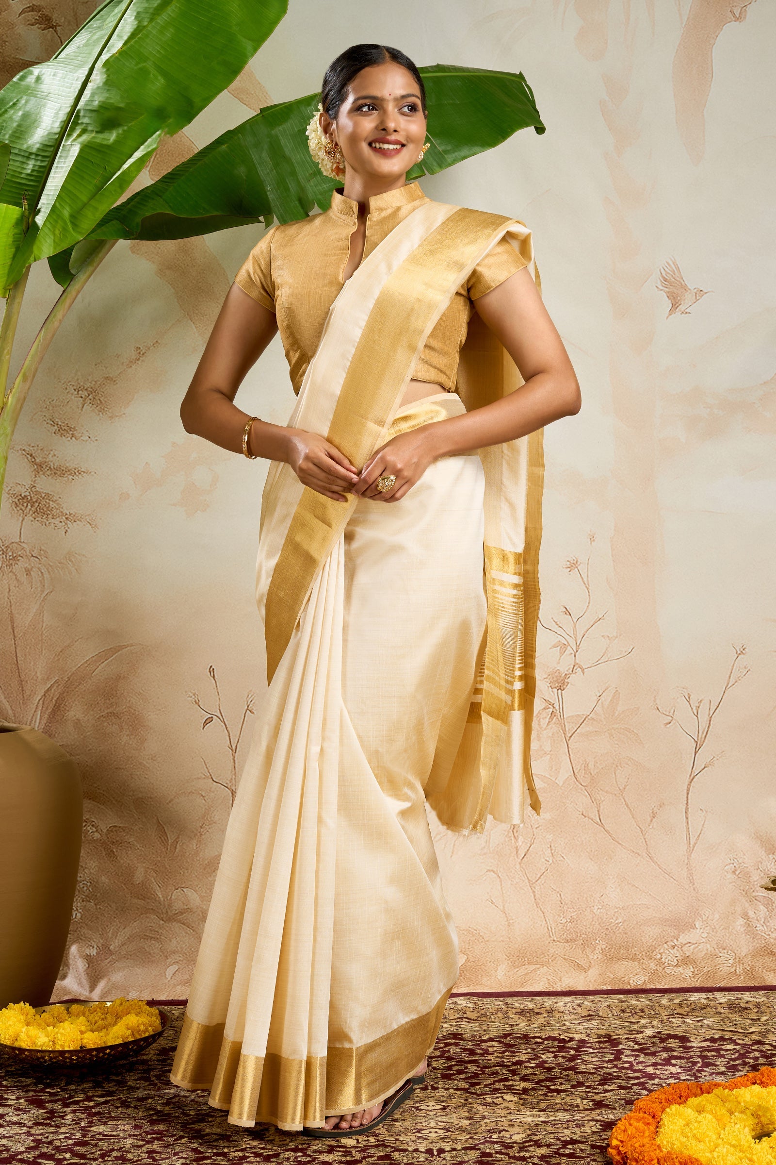 Teejh Devaangi Tussar Silk Off white and Golden Kasavu Saree