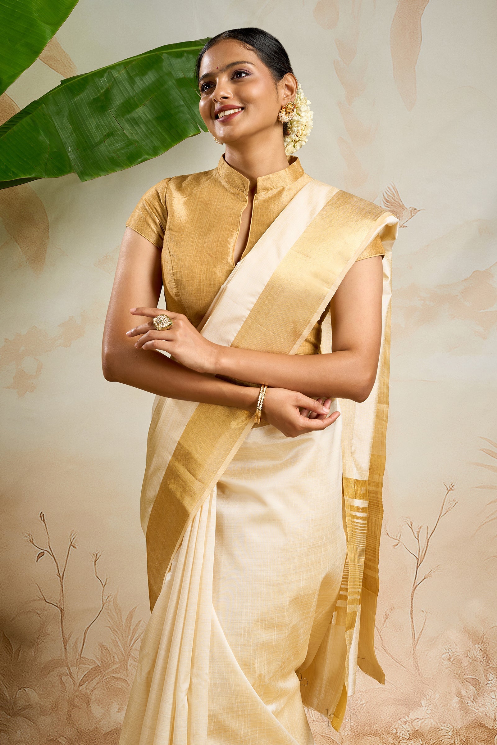 Teejh Devaangi Tussar Silk Off white and Golden Kasavu Saree