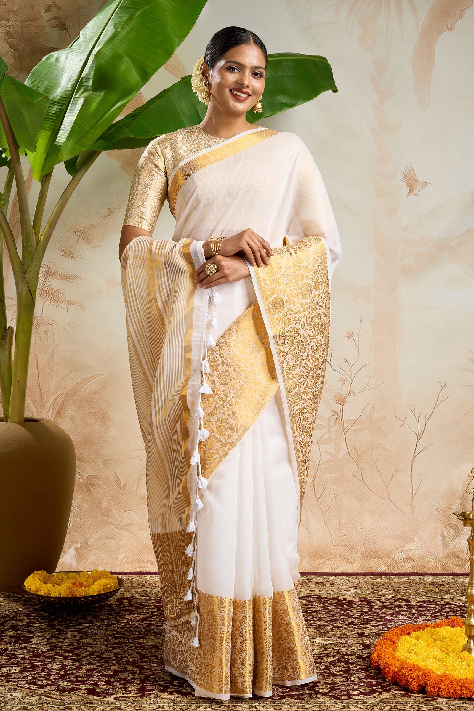 Teejh Theeram Cotton Silk Off white and Golden Kasavu Saree