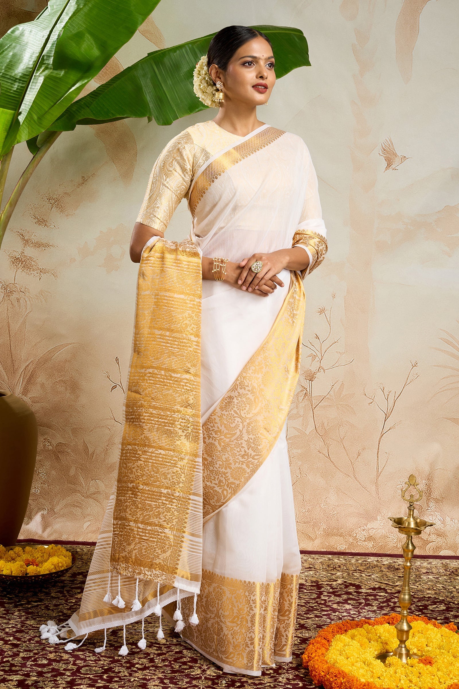 Teejh Theeram Cotton Silk Off white and Golden Kasavu Saree