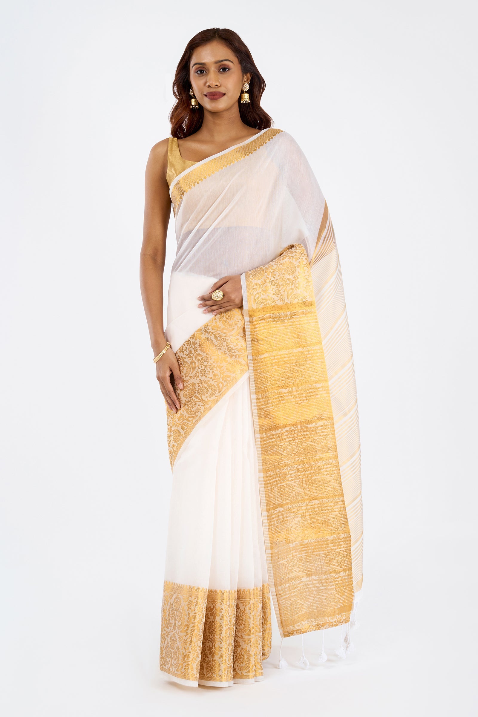 Teejh Theeram Cotton Silk Off white and Golden Kasavu Saree