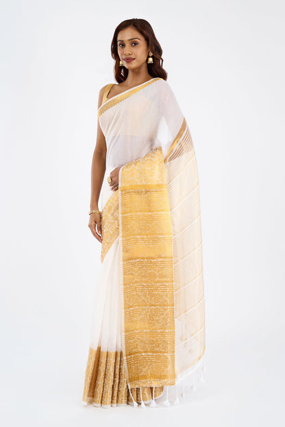 Teejh Theeram Cotton Silk Off white and Golden Kasavu Saree
