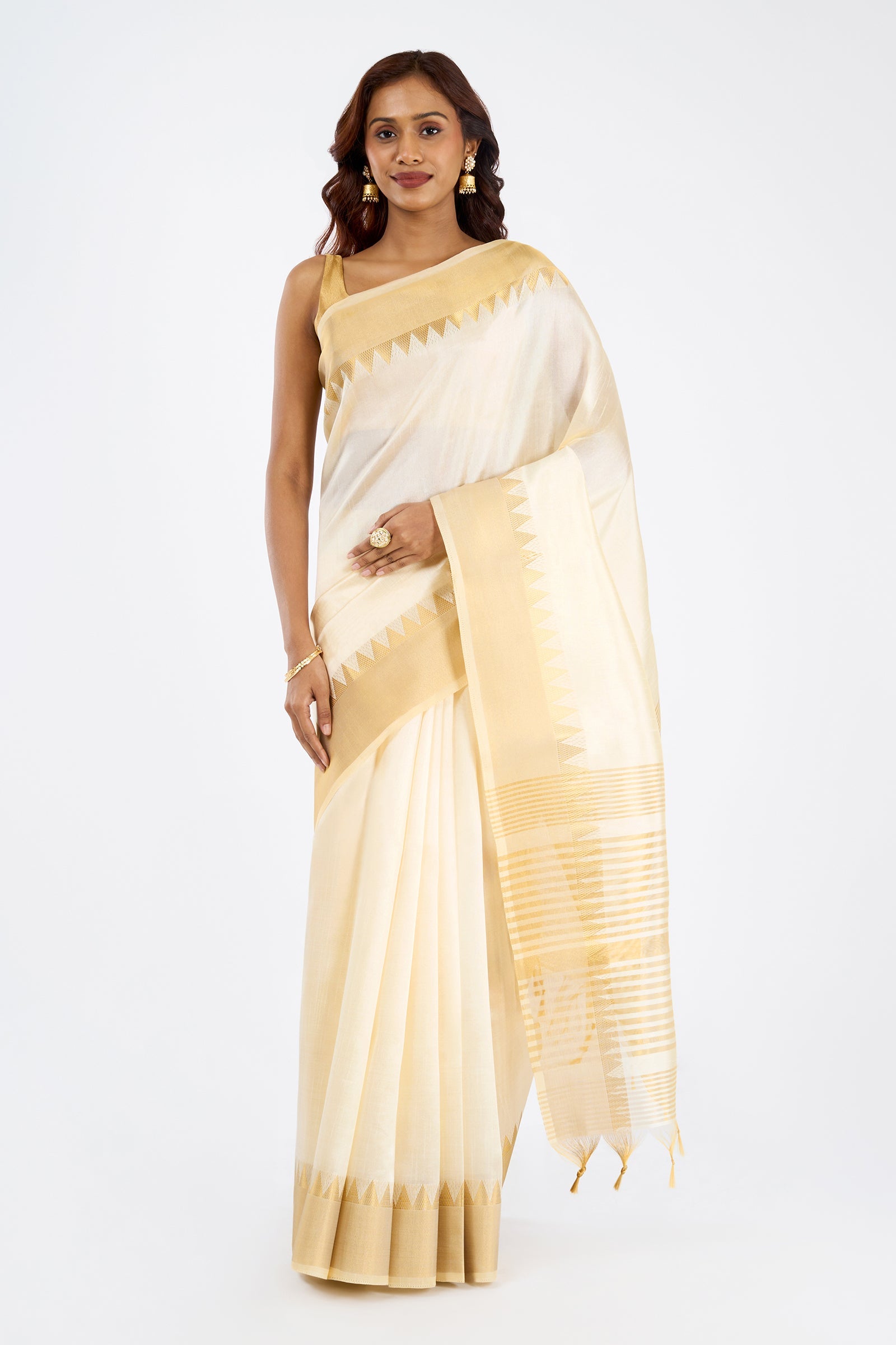 Teejh Nilavu Cotton Silk Off white and Golden Kasavu Saree