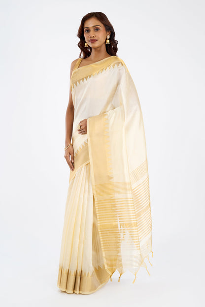 Teejh Nilavu Cotton Silk Off white and Golden Kasavu Saree