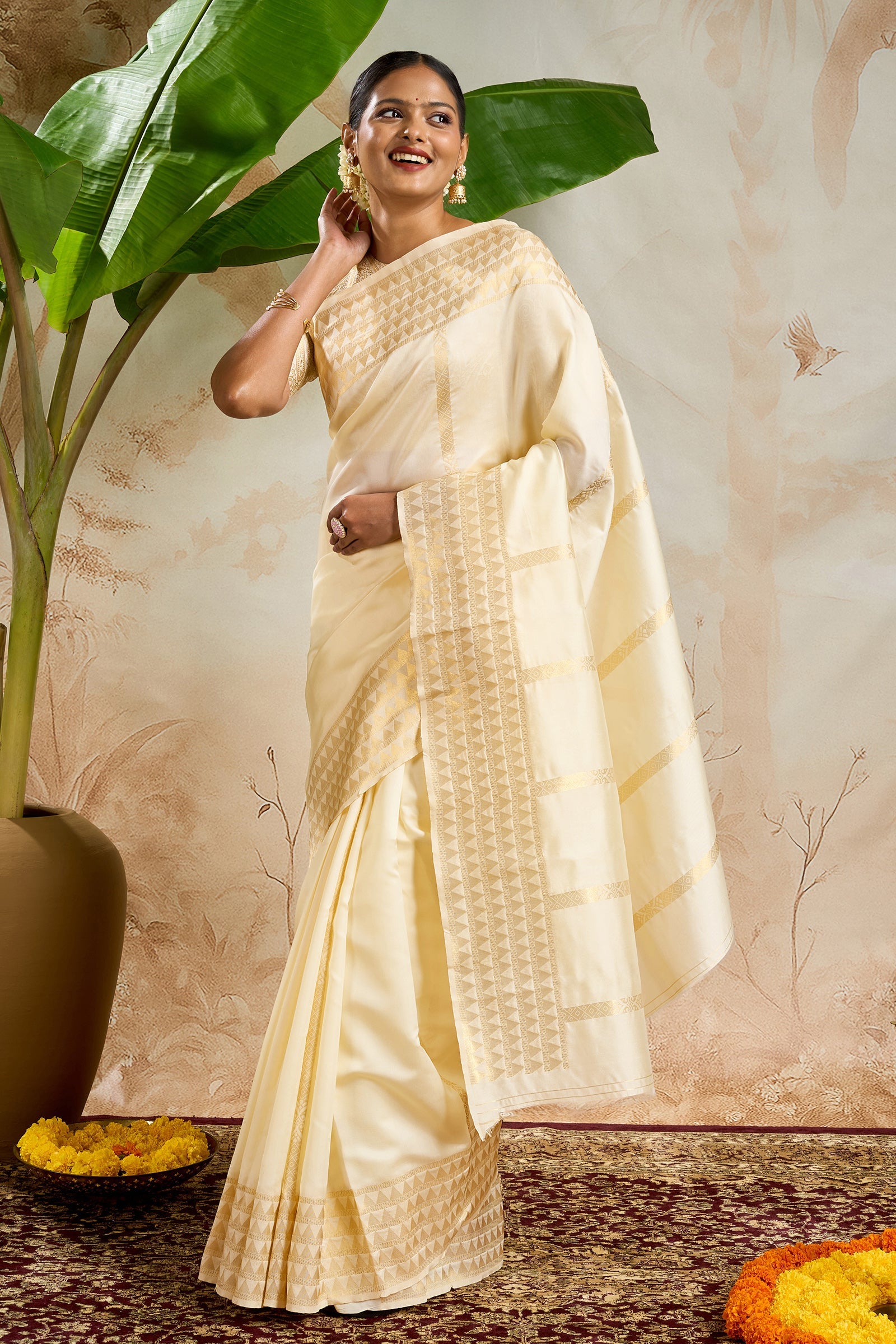 Teejh Varnitha Semi Silk Off white and Golden Kasavu Saree