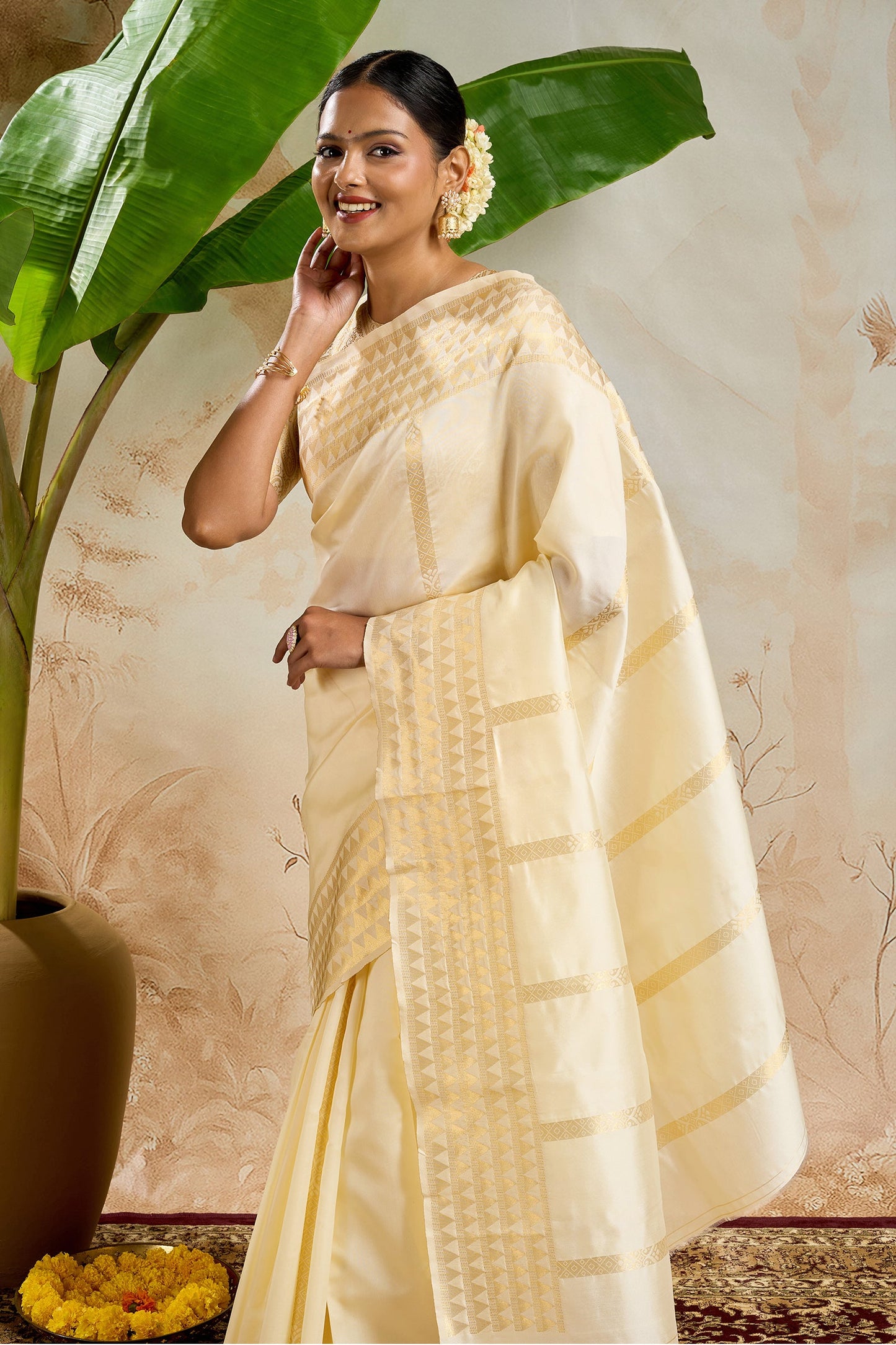 Teejh Varnitha Semi Silk Off white and Golden Kasavu Saree