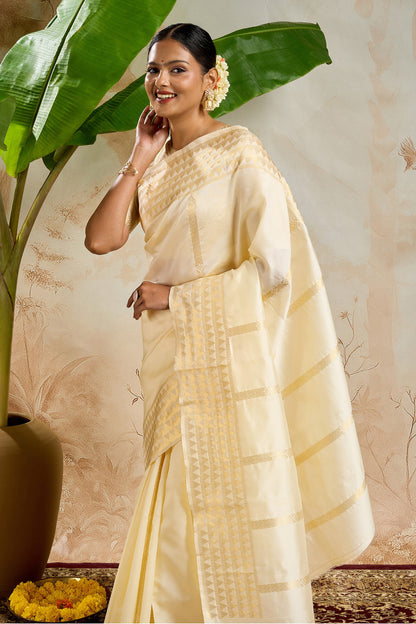Teejh Varnitha Semi Silk Off white and Golden Kasavu Saree