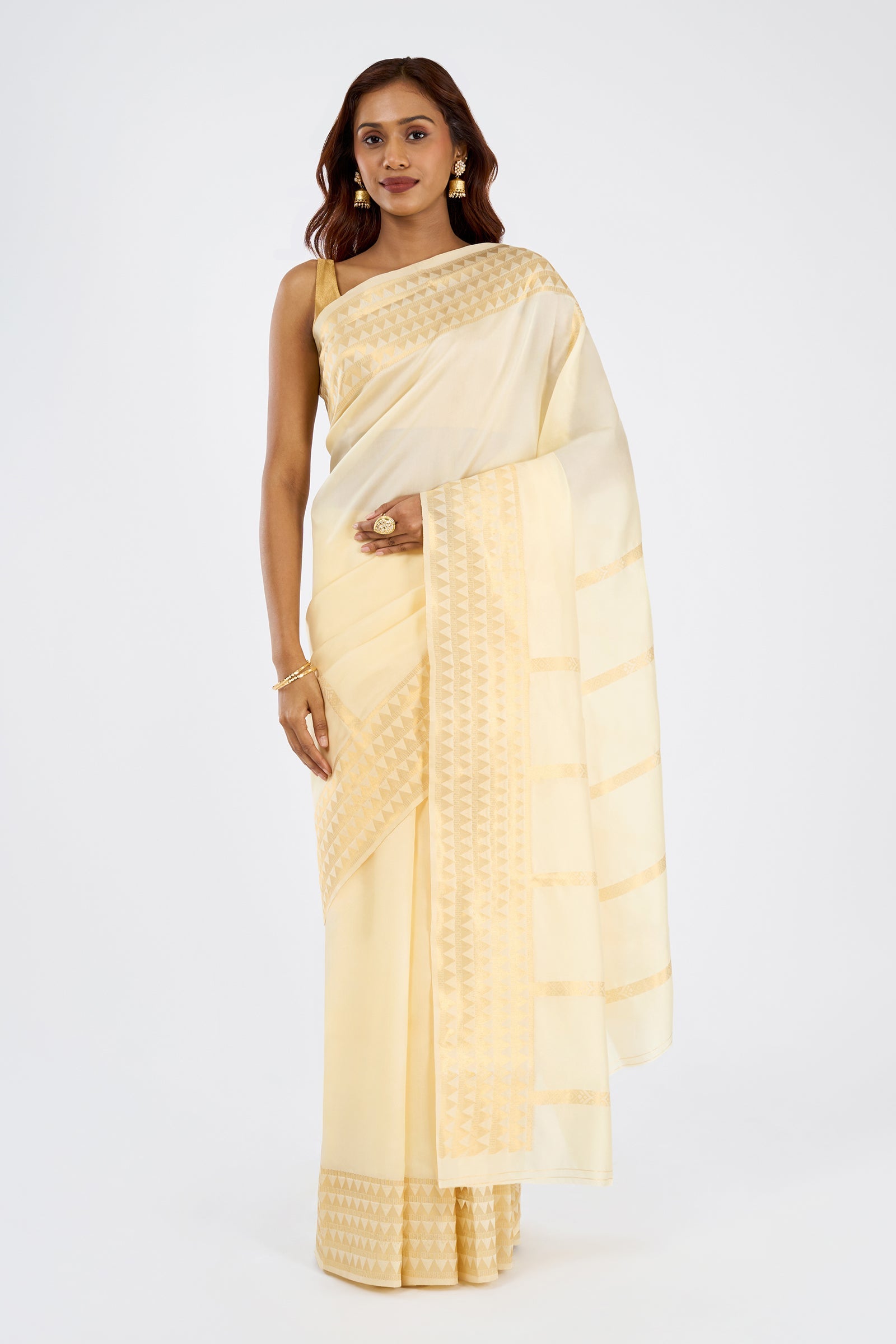 Teejh Varnitha Semi Silk Off white and Golden Kasavu Saree