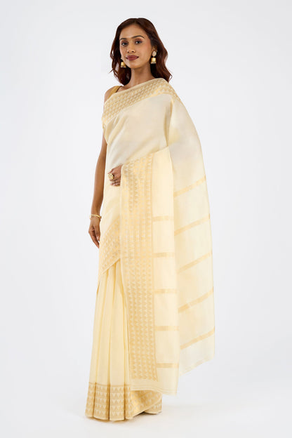 Teejh Varnitha Semi Silk Off white and Golden Kasavu Saree